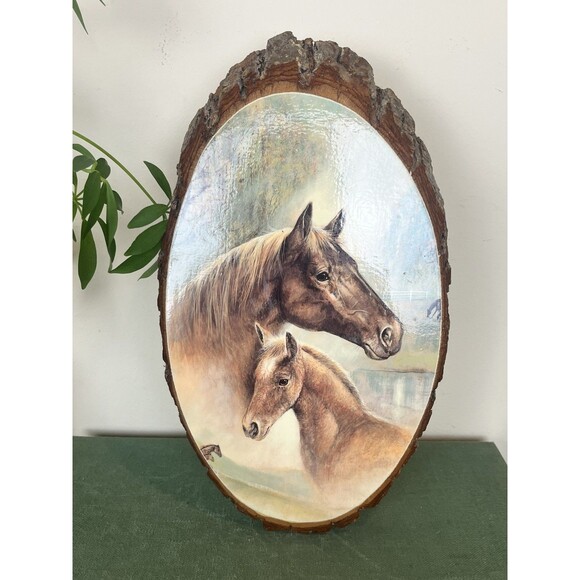 Vintage Decoupage Wooden Slab Horse Painting, Horse And Foal / Wall Art 7 x 11 - Picture 2 of 8